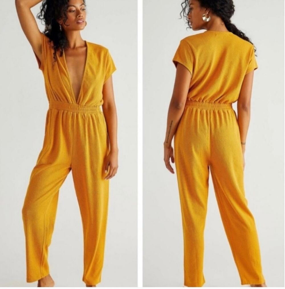 Free People Beach Rita Marigold Terry Cloth‎ Plunge Neck Jumpsuit Size XS Resort
